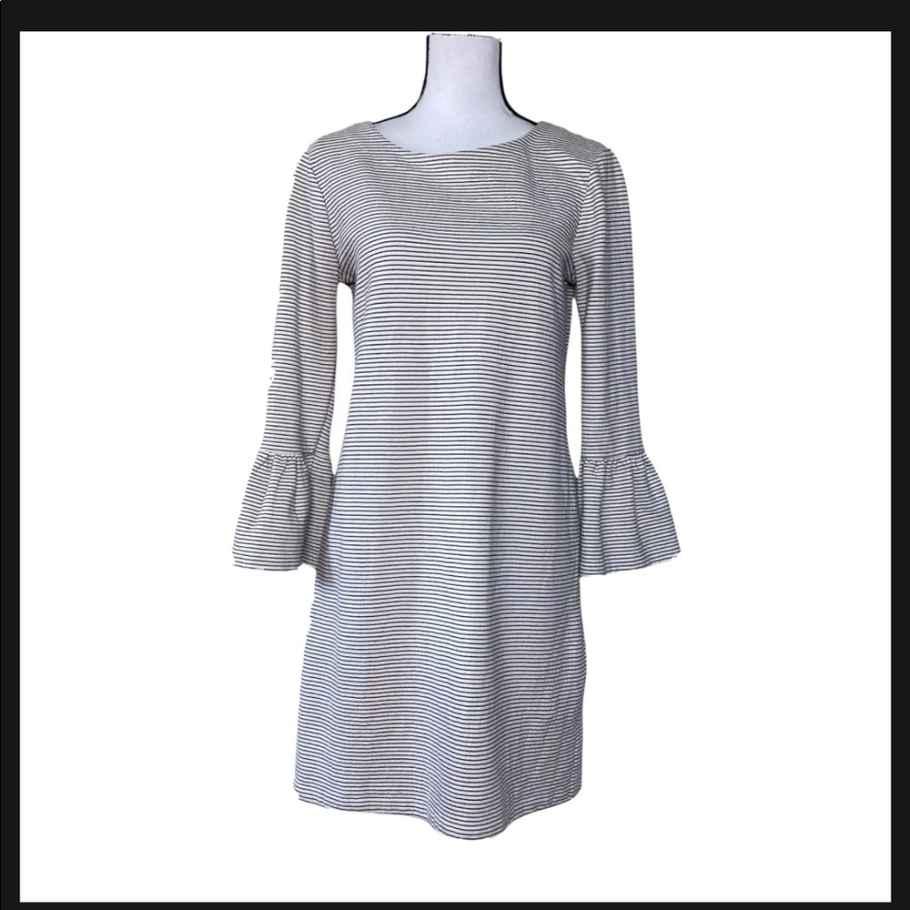 J.Crew Size S Shift Knitted Dress Ivory Black Striped Scoop Neck Bell Sleeve